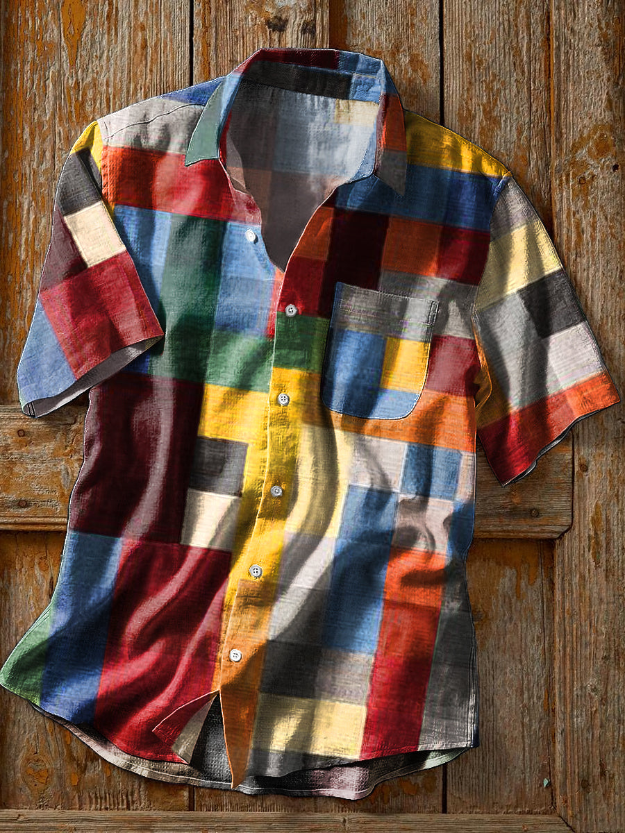 Camisa Vintage Para Hombre Manga Corta Con Bolsillo Carlos