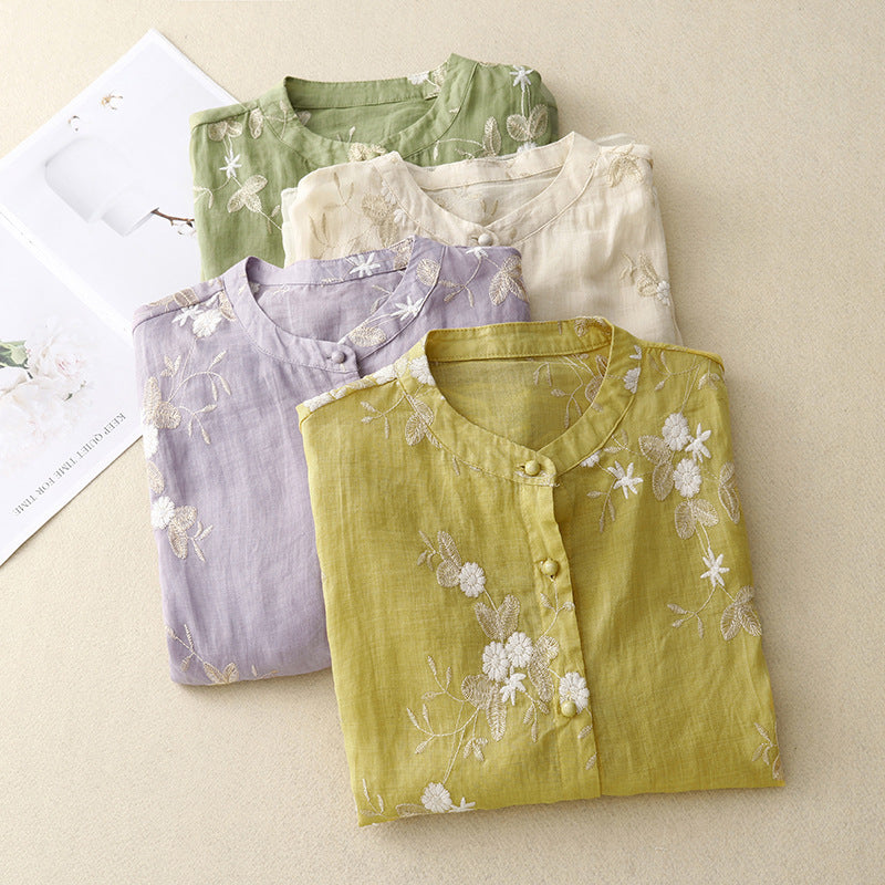 Blusa Bordada Floral Algodón Lino Transpirable Ana