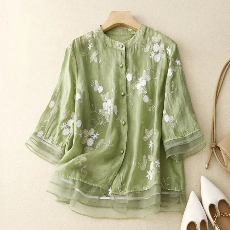 Blusa Bordada Floral Algodón Lino Transpirable Ana