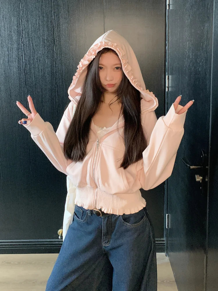Korean Pink Zip Hoodie Women Ruffle