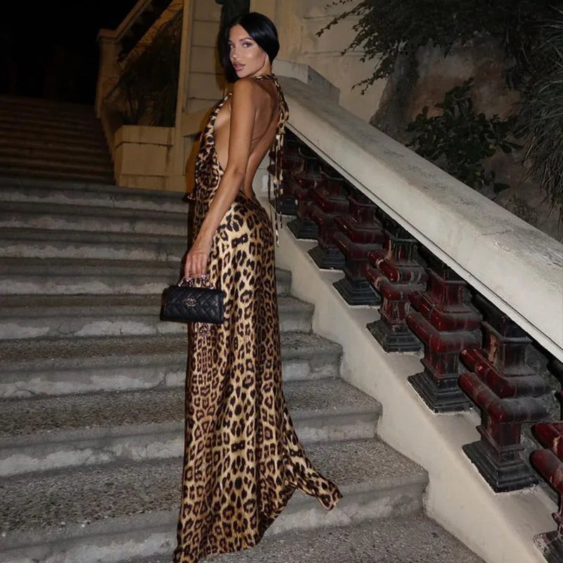 Sexy Leopard Backless Maxi Dress Women