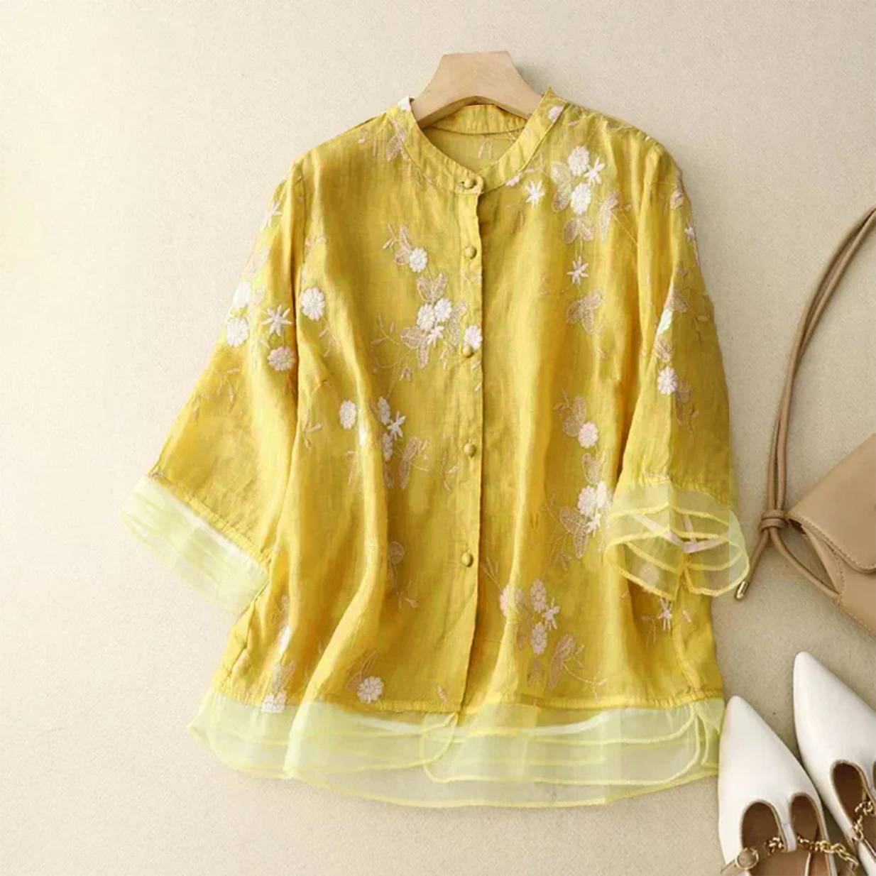 Blusa Bordada Floral Algodón Lino Transpirable Ana