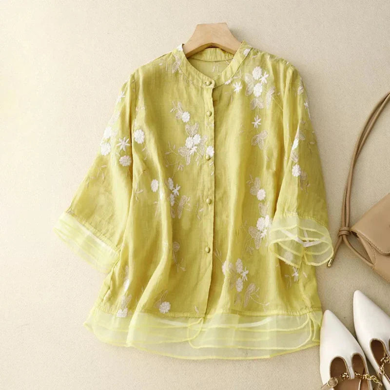 Blusa Bordada Floral Algodón Lino Transpirable Ana