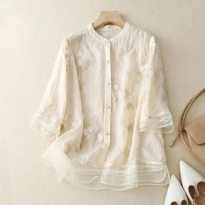 Blusa Bordada Floral Algodón Lino Transpirable Ana