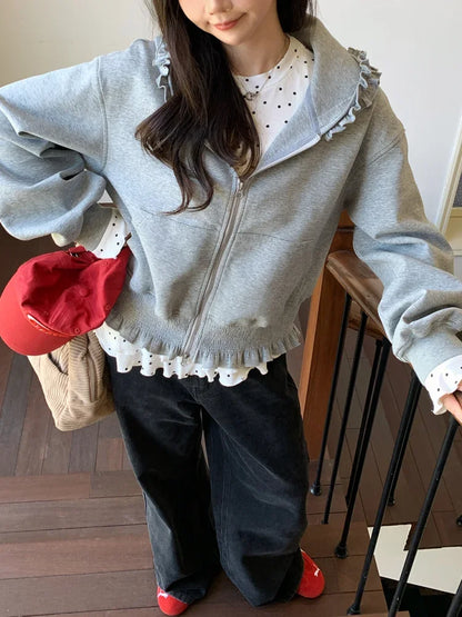 Korean Pink Zip Hoodie Women Ruffle