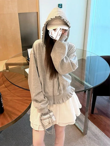 Korean Pink Zip Hoodie Women Ruffle