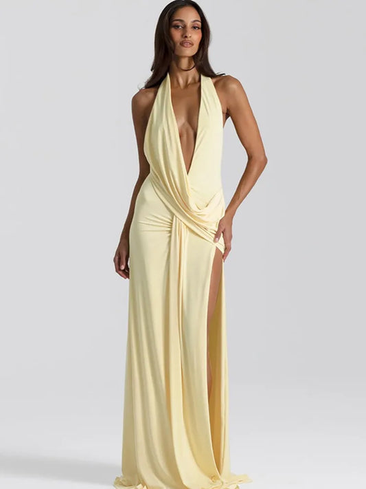 Mozision Halter Deep V Backless Maxi Dress Glam Women