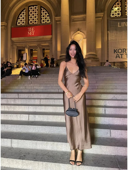 Silk Satin Midi Dress Women Backless