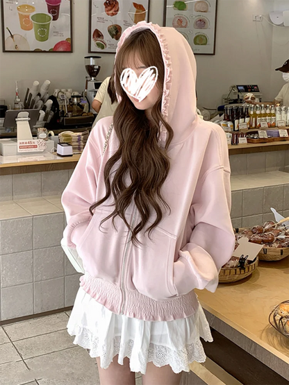 Korean Pink Zip Hoodie Women Ruffle