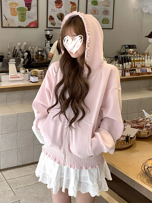 Korean Pink Zip Hoodie Women Ruffle