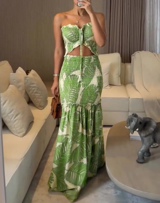 Tropical Bandeau Ruched Dress Women