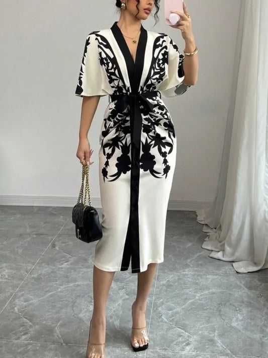 UOOZEE A Line Dress V-Neck Floral Print Office Ladies Chic