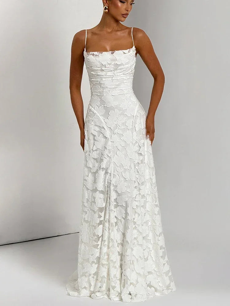 Chaxiaoa Spaghetti Strap Backless Sexy Maxi Dress Women