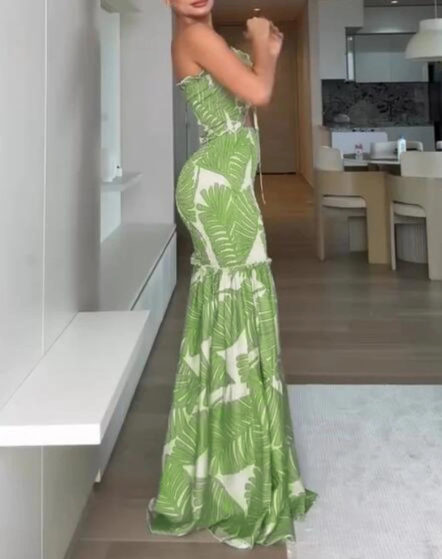 Tropical Bandeau Ruched Dress Women