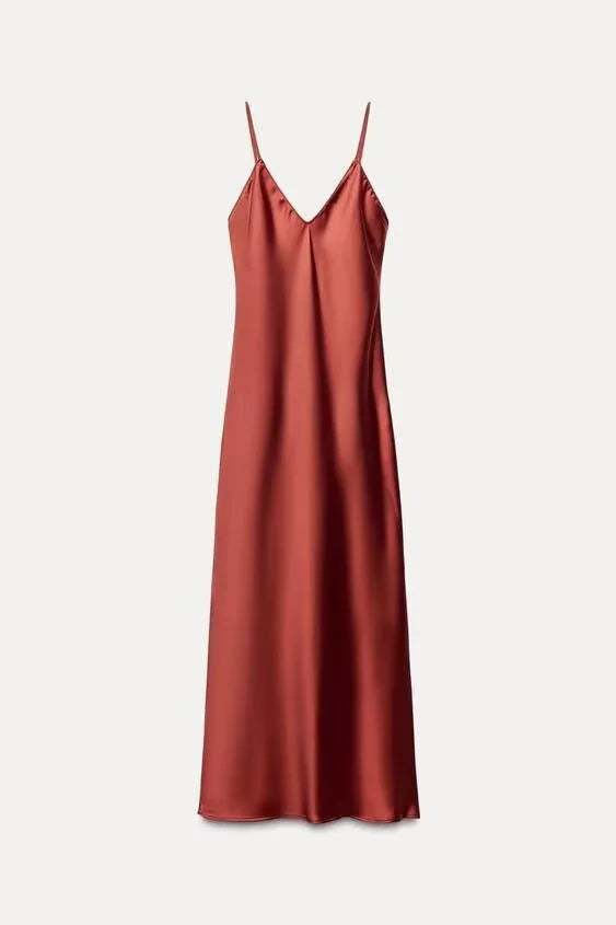 Silk Satin Midi Dress Women Backless