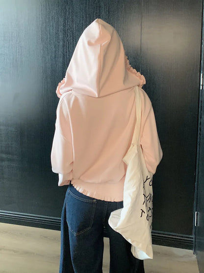 Korean Pink Zip Hoodie Women Ruffle