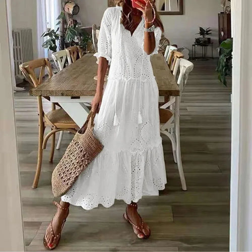 Plus Size Boho Crochet Cotton White Dress Loose Fit