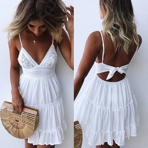 Women Lace Strap Dress Elegant Solid Color Beachwear