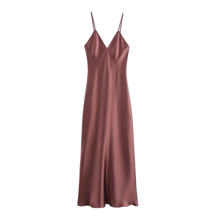 Silk Satin Midi Dress Women Backless