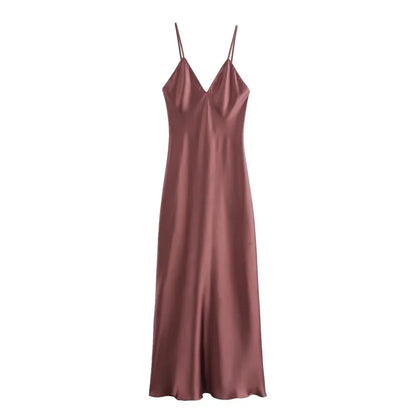 Silk Satin Midi Dress Women Backless