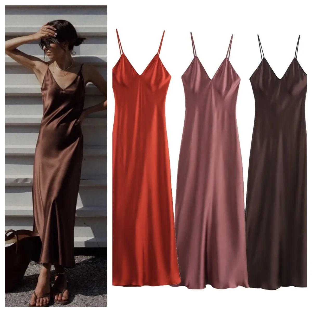 Silk Satin Midi Dress Women Backless