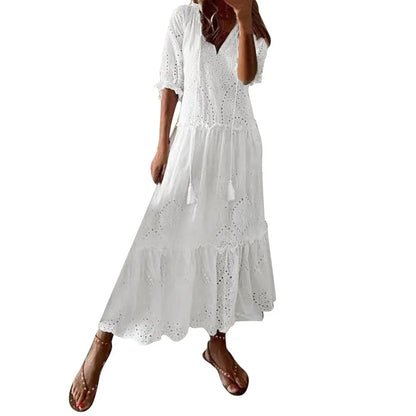 Plus Size Boho Crochet Cotton White Dress Loose Fit