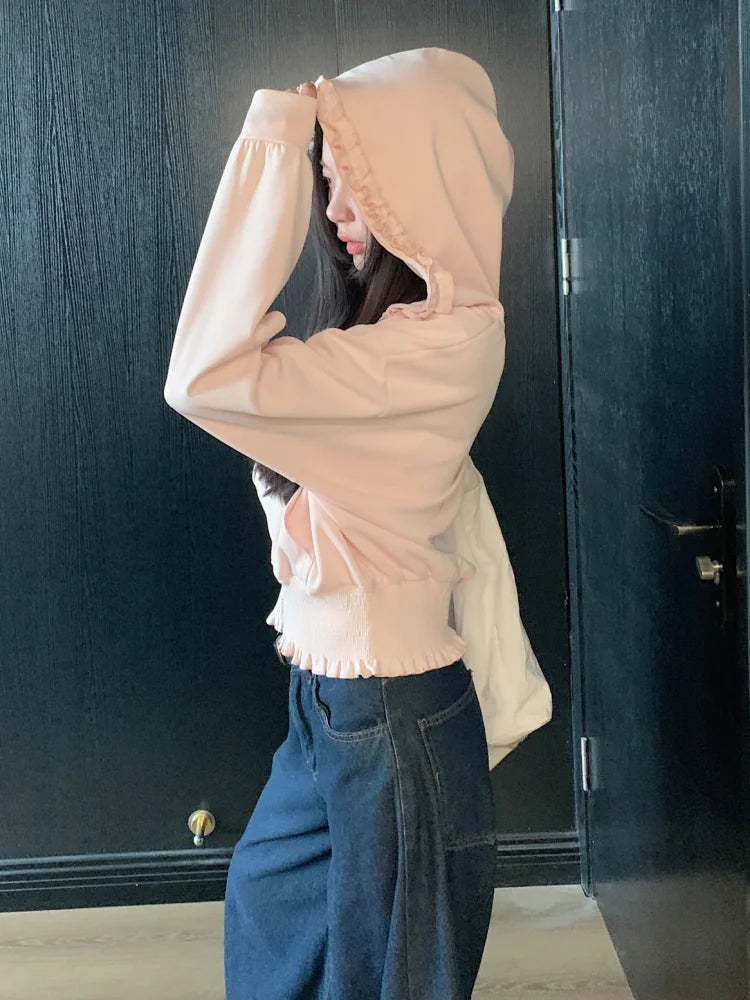 Korean Pink Zip Hoodie Women Ruffle
