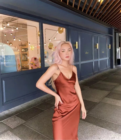 Silk Satin Midi Dress Women Backless