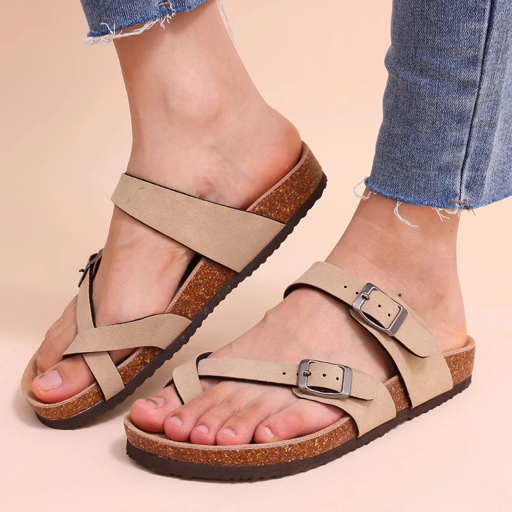 Kidmi Women Sandals Adjustable Buckle Cork Soft Suede