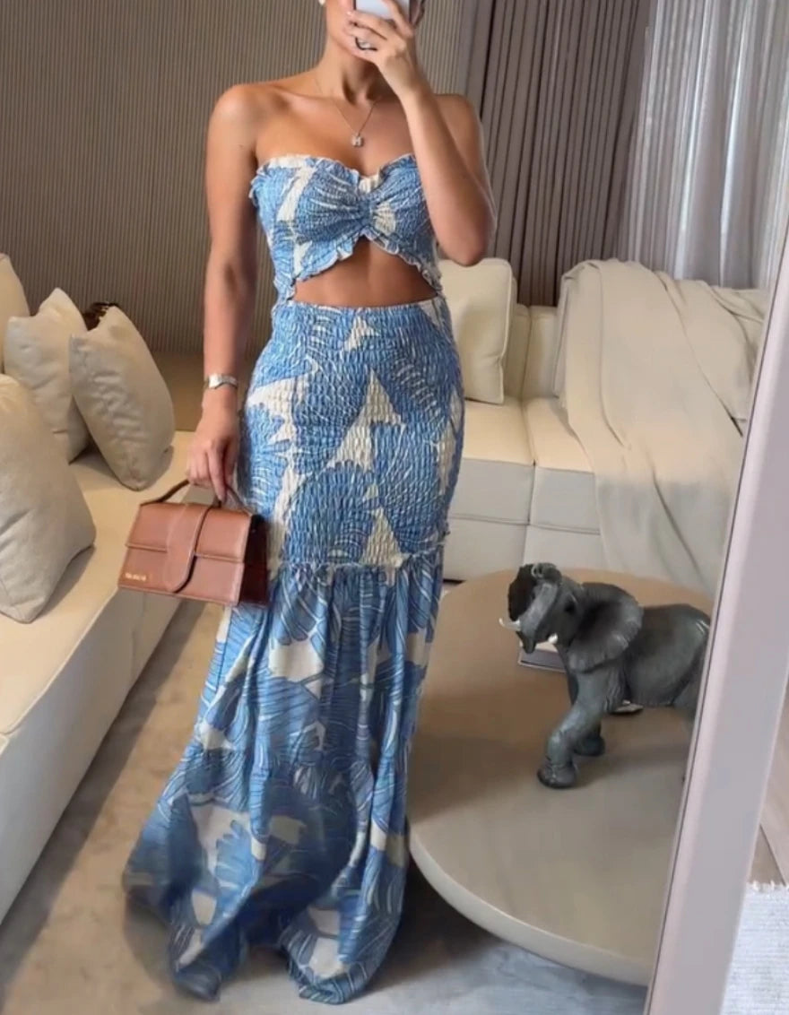 Tropical Bandeau Ruched Dress Women