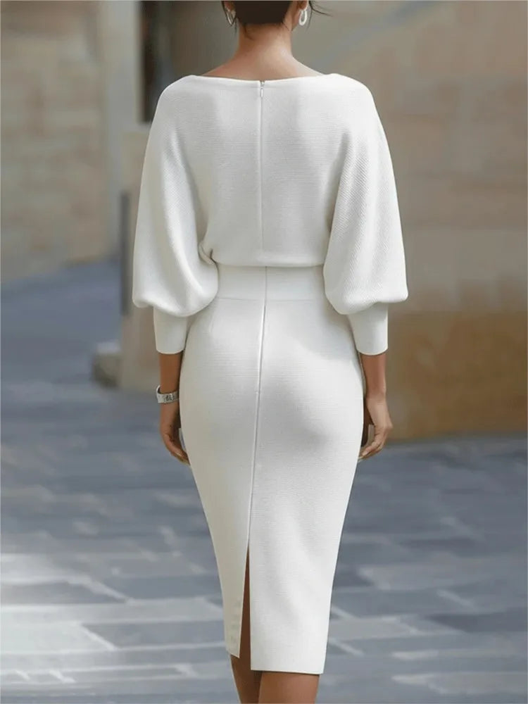 Bat Sleeve Midi Dress Slim Split For Women