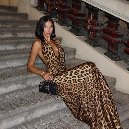 Sexy Leopard Backless Maxi Dress Women