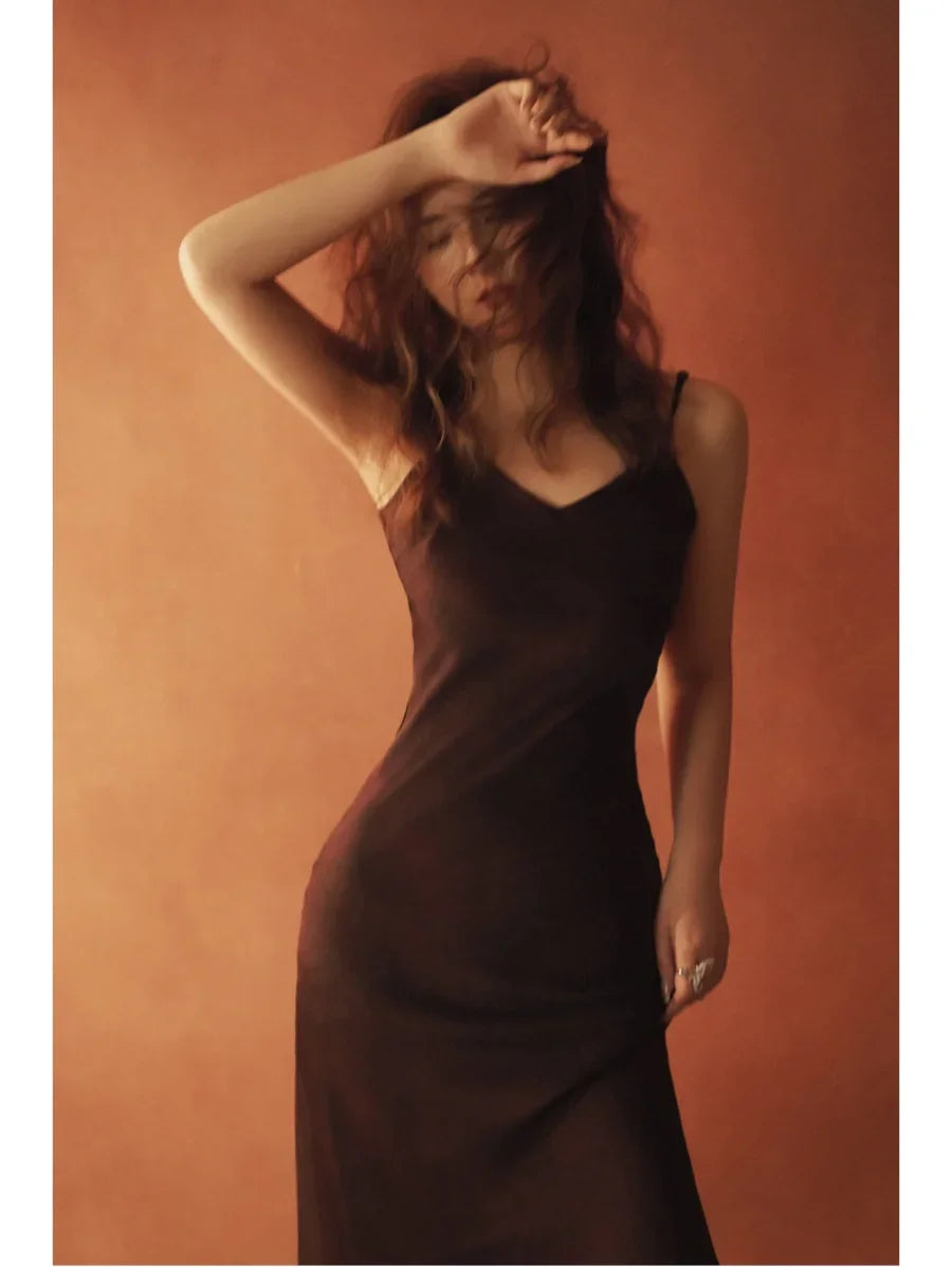 Silk Satin Midi Dress Women Backless