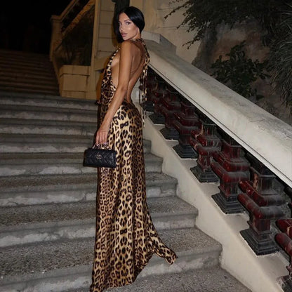 Sexy Leopard Backless Maxi Dress Women