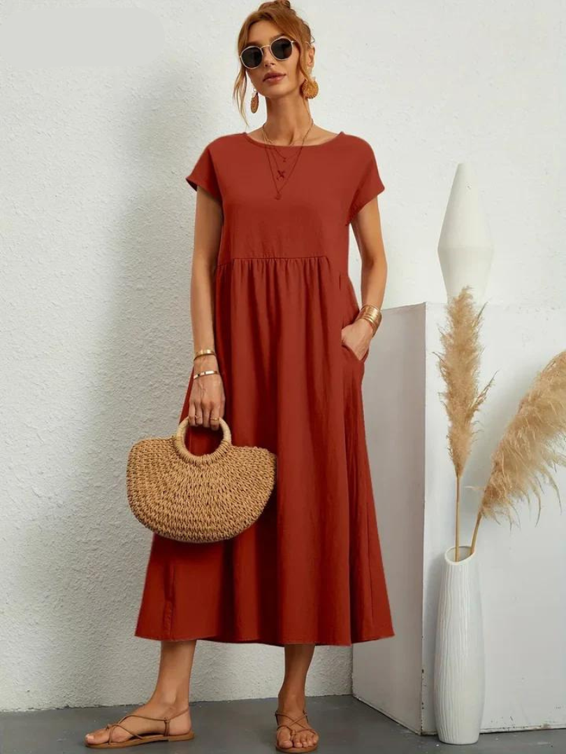 Vestido Rojo Rubí Tejido Ligero Y Fresco Ideal Verano Ana