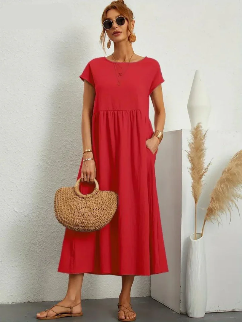 Vestido Rojo Rubí Tejido Ligero Y Fresco Ideal Verano Ana