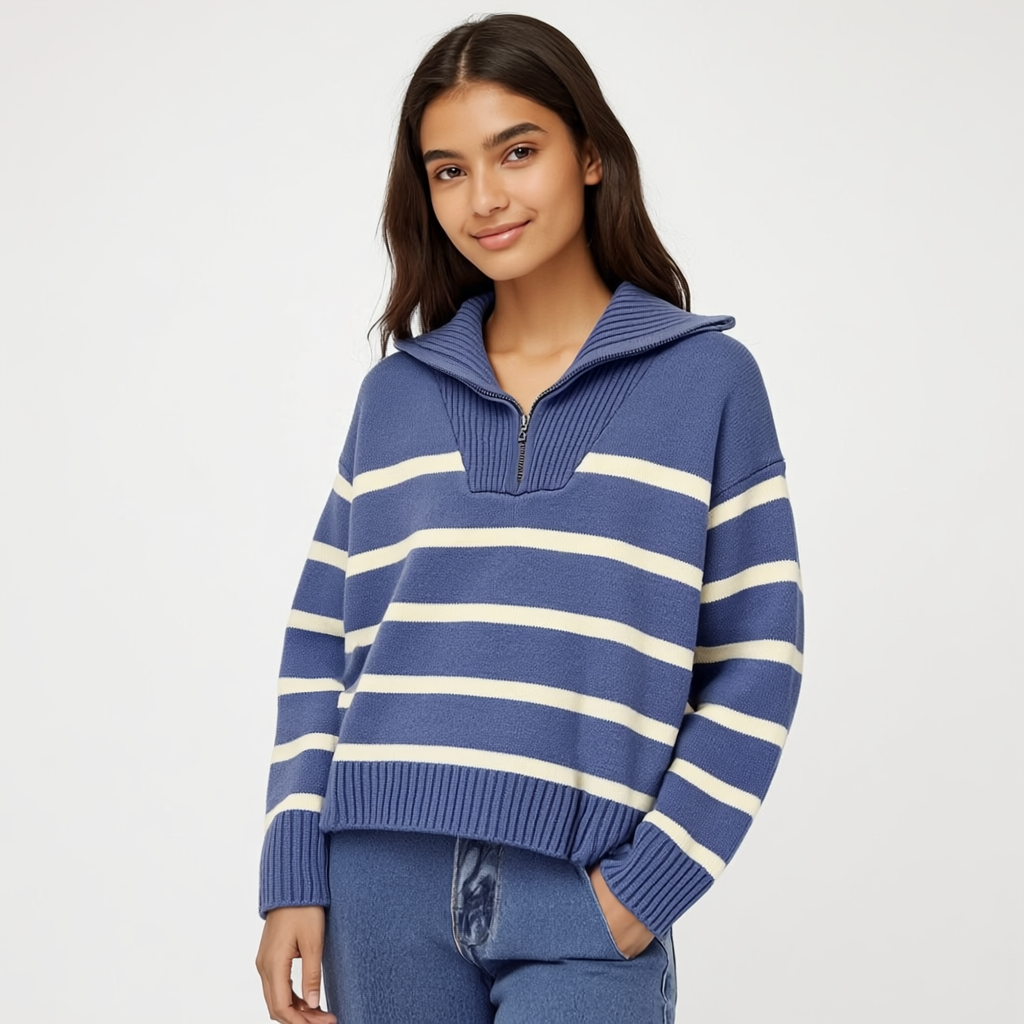 Navy Striped Sweater Soft Knit Warm Comfort