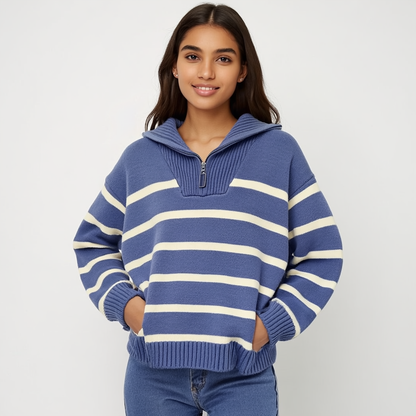 Navy Striped Sweater Soft Knit Warm Comfort